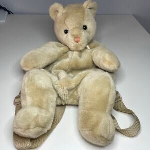 Vintage Mango Teddy Bear Backpack Plush 17” Brown Tan Beige Bow Stuffed Bag